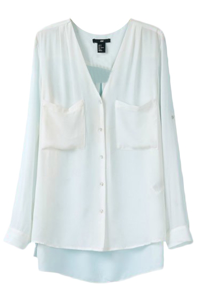 White V-Neck Long Sleeve Double Pocket Shirt