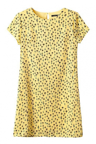 Yellow Tree Print Short Sleeve Shift Dress
