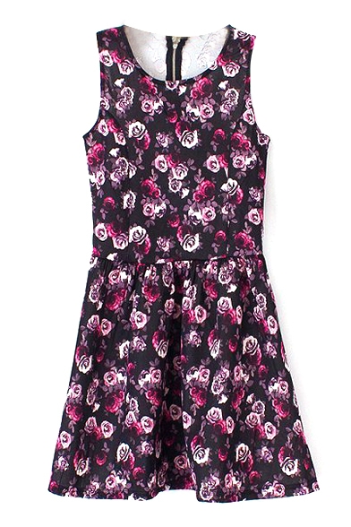 Black Background Pink Rose Print A-line Dress