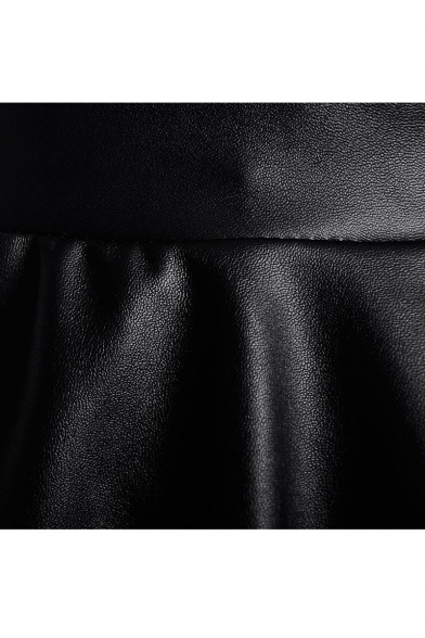 Black Ruffle Hem Elastic Waist PU Skirt