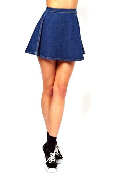 Dark Blue Plain Mini Full Denim Skirt
