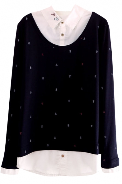 Embroidered Anchor Pattern Long Sleeve Paneled Shirt