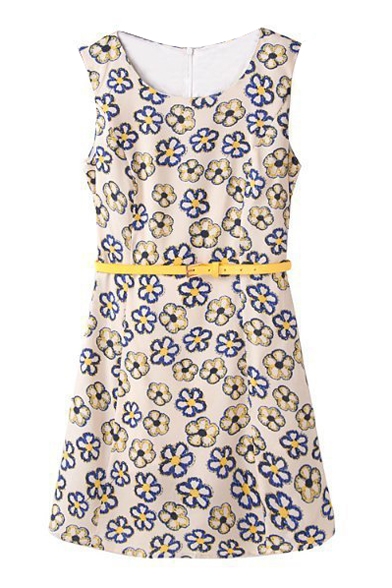 Floral Sleeveless Round Neck Belted Dress