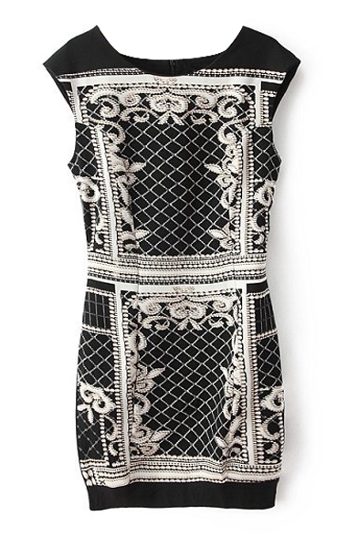Geometrical Pattern Round Neck Sleeveless Mini Dress
