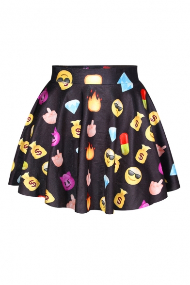 Hot Emoji Print Elastic Waist A-Line Mini Skirt