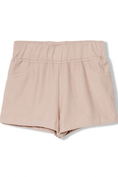 Khaki Elastic Waist Basic Denim Cotton Shorts