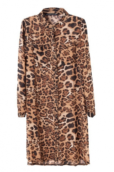 Long Sleeve Brown Leopard Pattern Chiffon Shirt Style Dress