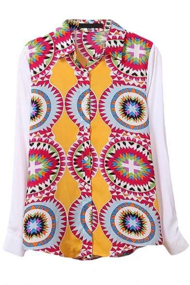 Long Sleeve Kaleidoscopic Pattern Chiffon Shirt