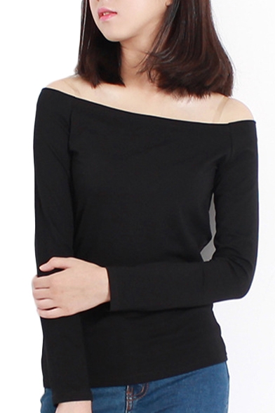 Long Sleeve Off-the-Shoulder Style Plain Cotton Tee