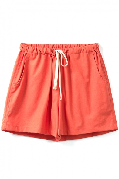 Orange Mid Waist Drawstring Loose Shorts