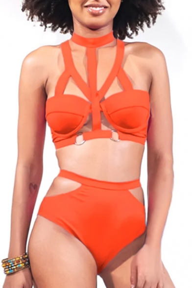 Orange Plain Halter Cutout High Waist Bikini Set