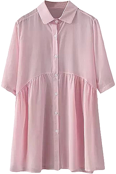 Pink 1/2 Sleeve Pleated Hem Chiffon Slim Shirt
