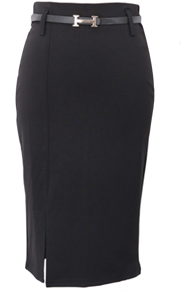 Plain Belted Midi Pencil Skirt with Side Split