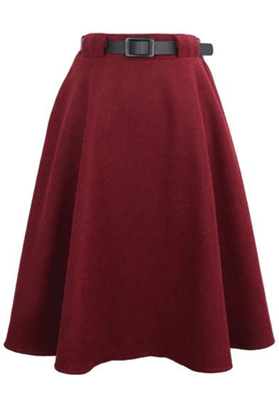 Plain High Waist Wool Belted Midi Skirt