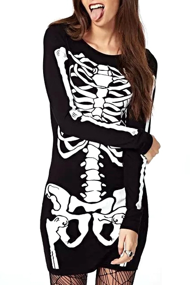 Punk Style Skeleton Print Black Long Sleeve Dress