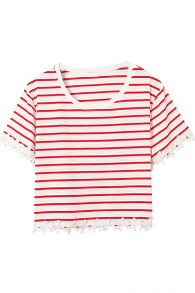 Red-White Stripe Print Round Neck Lace Hem T-Shirt