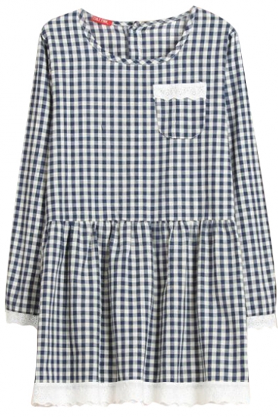 Round Neck Lace Hem Gingham Pattern Single Pocket A-line Dress
