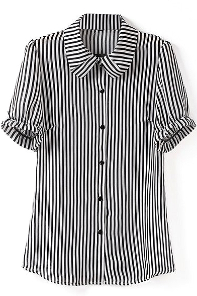 Short Sleeve Ruffle Trim Stripe Ladylike Chiffon Shirt
