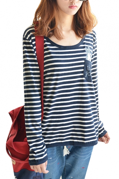 Striped Long Sleeve Casual Tee with Pocket Rabbit