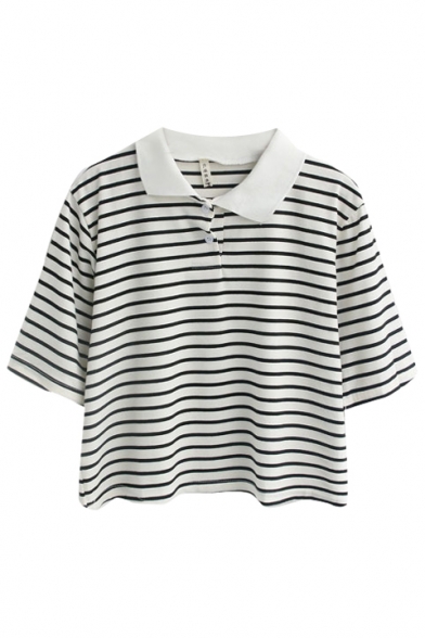 Striped Short Sleeve Point Collar Crop Polo Tee - Beautifulhalo.com