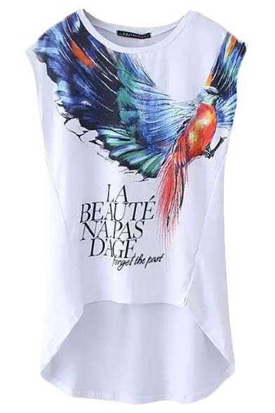 White Flying Bird Print Round Neck High Low Hem T-Shirt