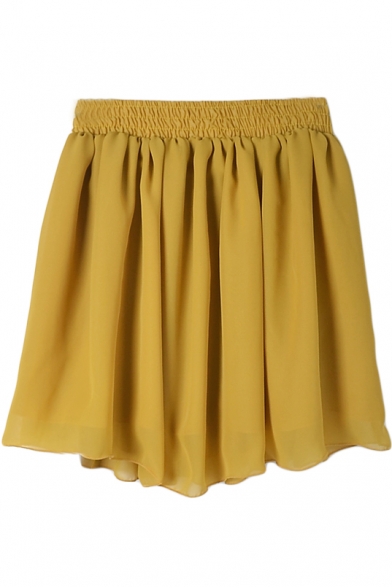 Yellow High Elastic Waist Plain Pleated Chiffon Skirt