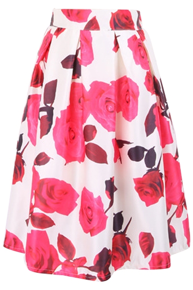 Beautiful Rose Print Elastic Waist Midi Skirt