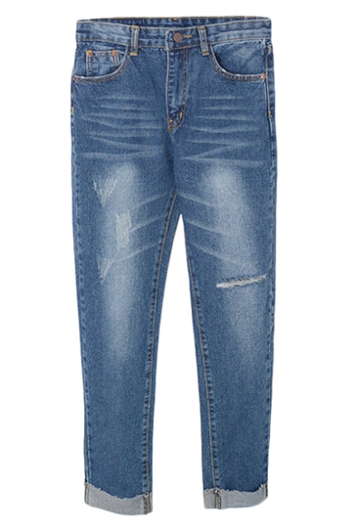 Blue High Rise Ripped Loose Cuffed Jeans