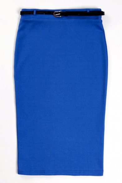 Blue Plain Belted High Waist Pencil Midi Skirt