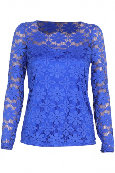 Blue Round Neck Long Sleeve Lace Crochet Sheer Top