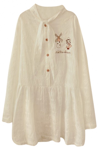 Bow Collar Windmill&Girl Embroidered Cute White Dress