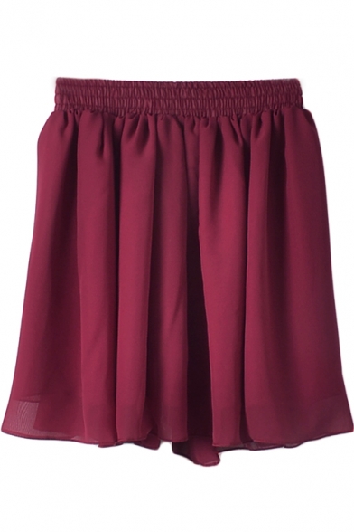 Burgundy Elastic Waist Pleated Chiffon Skirt