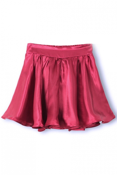 Burgundy Plain Ruffle Hem Elastic Waist Skirt
