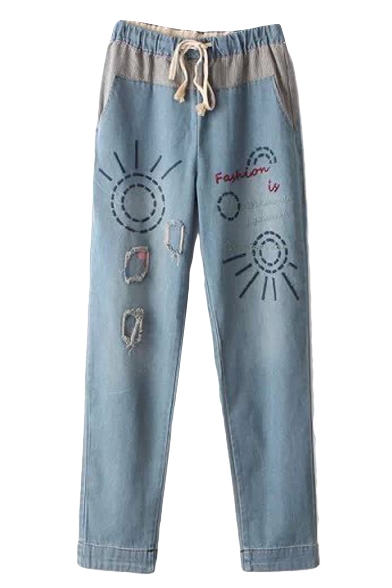 Cartoon Sum&Letter Embroidered Straight Jeans