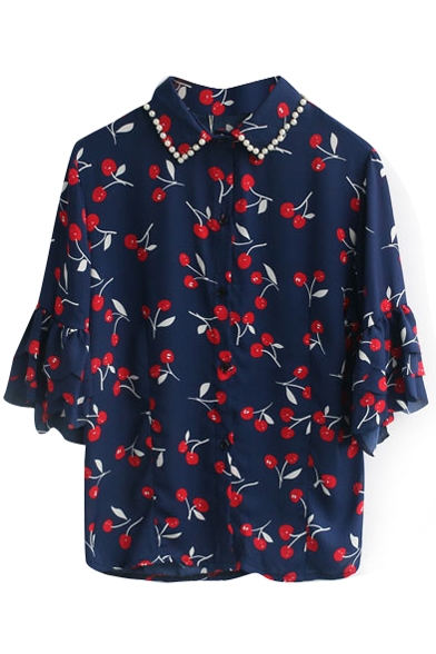 Cherry Print Beaded Half Ruffle Sleeve Chiffon Shirt