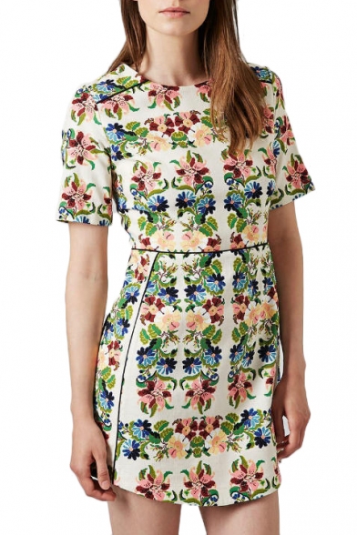 Cream Short Sleeve Symmetric Gorgeous Flora Slim Dress