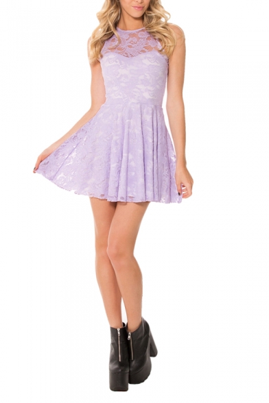 Fresh Candy Color Plain Lace Sleeveless Babydoll Dress