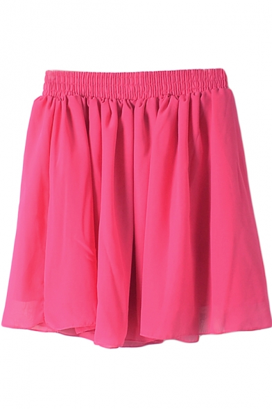Fuchsia Plain Elastic Waist Chiffon Skirt