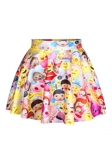 Hot Mix Emoji Print Pleated Mini Skirt