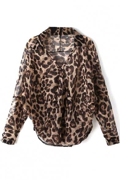 Leopard Print Long Sleeve Loose Chiffon Blouse