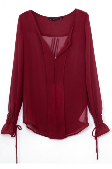 Red V-Neck Long Sleeve Blouse with Drawstring Cuff