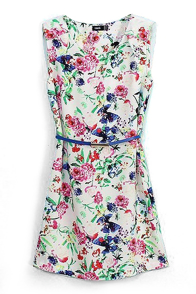 White Floral Print Belted Sleeveless Tank Dress