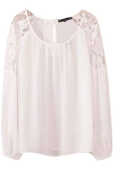 White Long Puff Sleeve Lace Inset Blouse