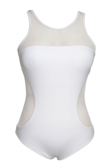 White Plain Sheer Net Insert Round Neck Swimwear
