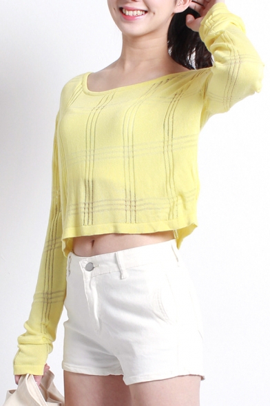 Yellow Plain Long Sleeve Plaid Crop Sweater