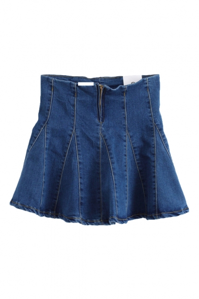 Zipper Fly Seam Detail Blue A-line Denim Skirt