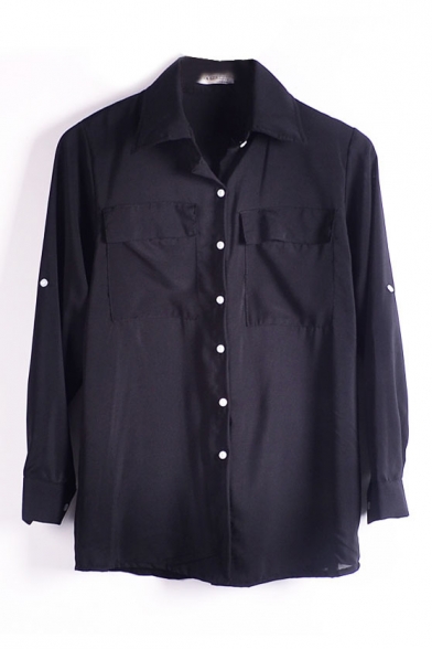 Black Double Pockets Front Chiffon Shirt