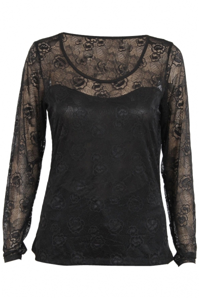 Black Mesh Cutout Lace Inserted Long Sleeve Top