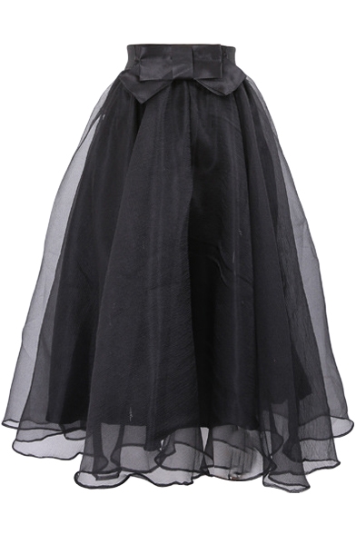Bowknot Elastic Waist Organza A-Line Midi Skirt
