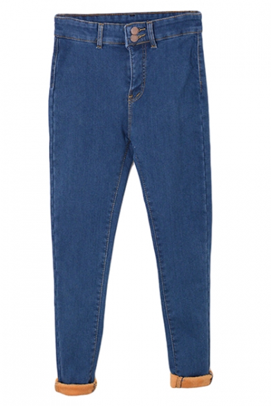 Dark Blue Double Pockets Back Pencil Jeans with Velvet Inside